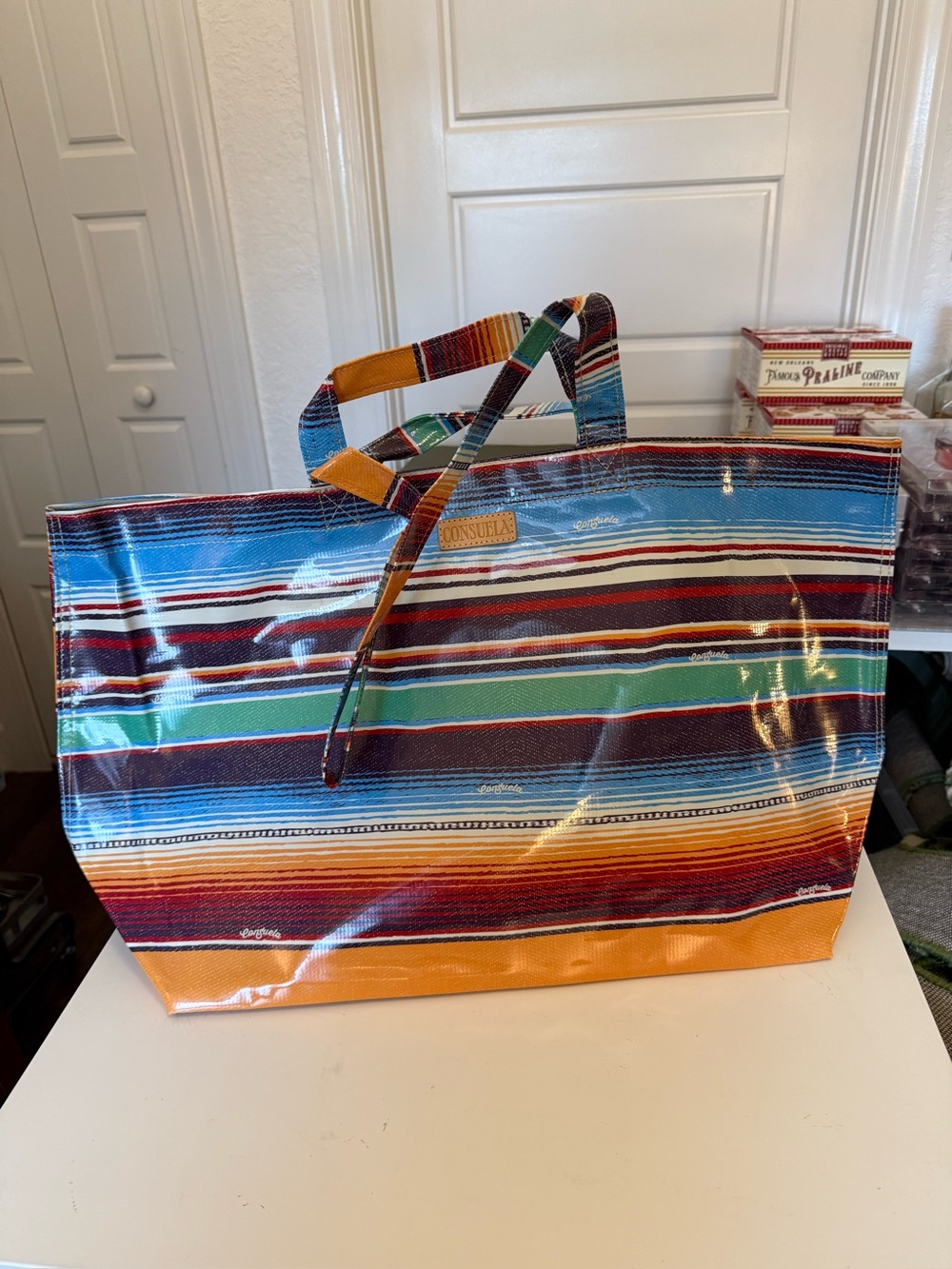 Consuela Multicolor Striped large Tote Bag - Orange Accent glossy finish NEW